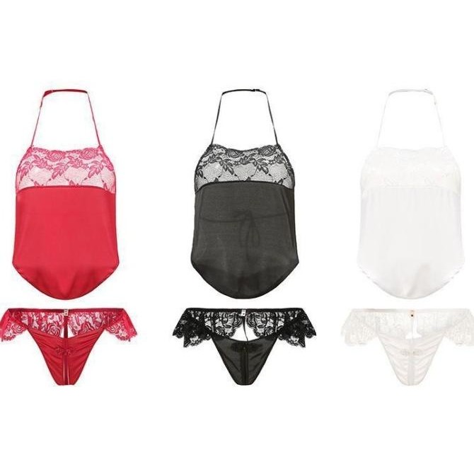 

Lingerie Wanita Sexy Tali Halter Neck Lace Set Bow Thong Set A500- Original