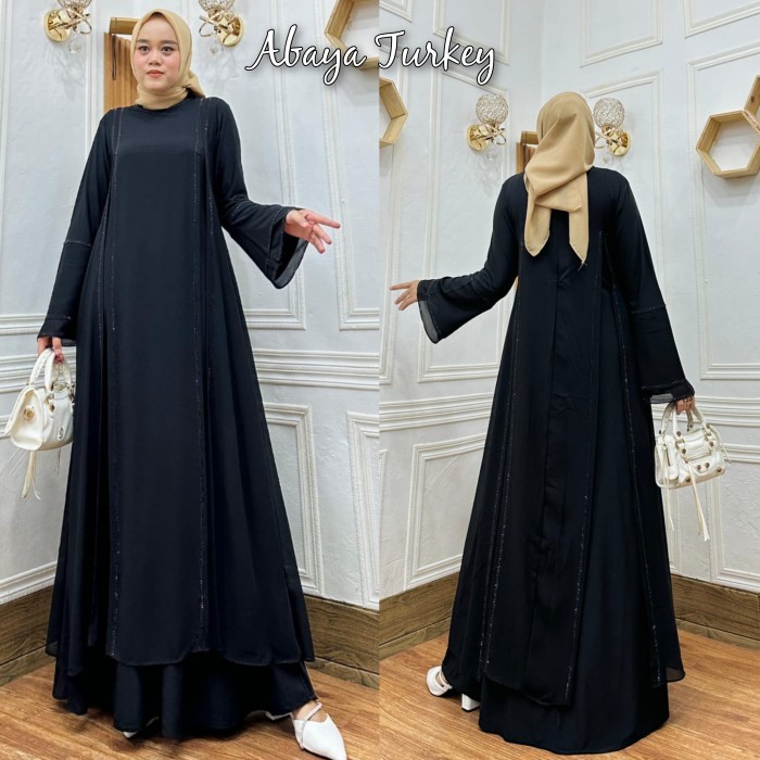 Abaya Turkey Warna Hitam Jersey Ceruty Kombinasi Payet Swarovski