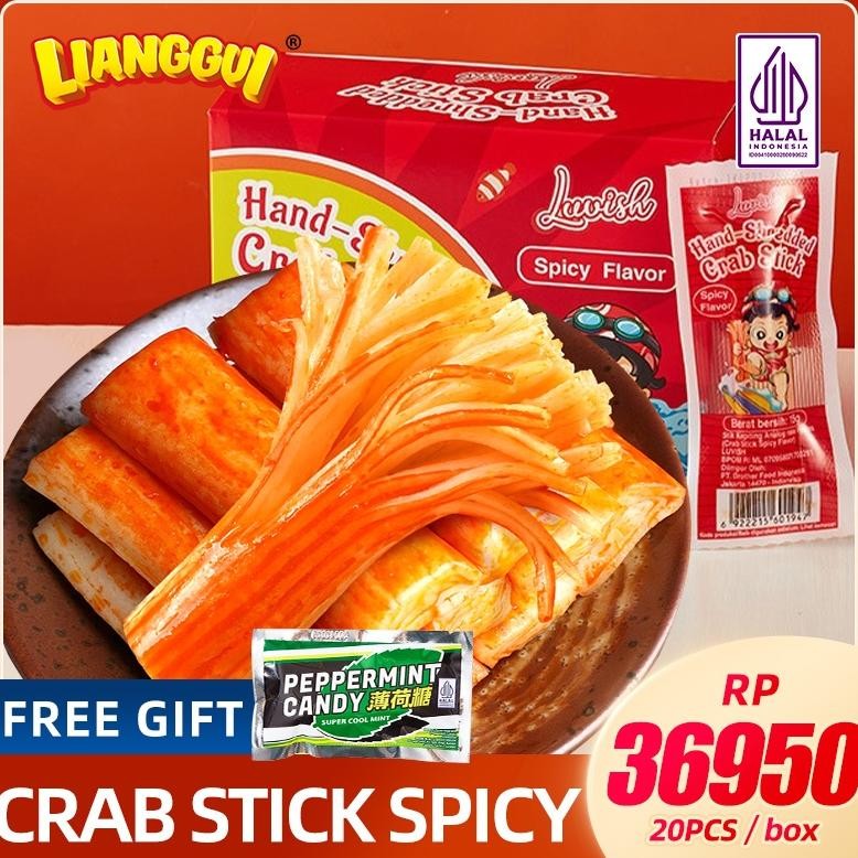 

SPECIAL (HALAL)Lianggui Luvish Crab Stick Snack Cemilan Siap Saji Barbecue/Spicy Flavor Box Isi 20Pcs Lebaran Best Seller Enak Cemilan uk-12