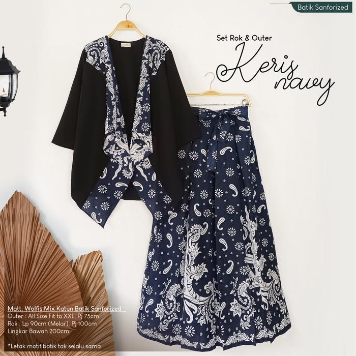 Promo [Set] Keris Navy Setelan Batik Alusan Atasan Wolfis Wanita Solo Terbaru Set Batik Wanita Fit