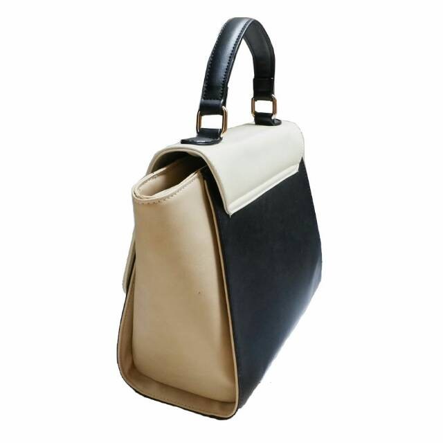New Mores Tas Kerja Wanita PU Elegance Trapeze Hand bag import hitam kombinasi krem / Slingbag