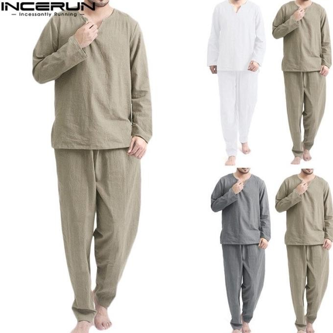 Incerun 2Pcs Pria Panjang Linen Linen Piyama Sets Lounge Top