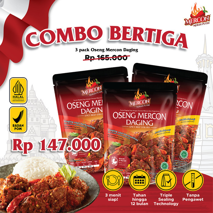 

HEMAT COMBO BERTIGA OSENG MERCON DAGING 150GRx3 MERCON MERAH PUTIH