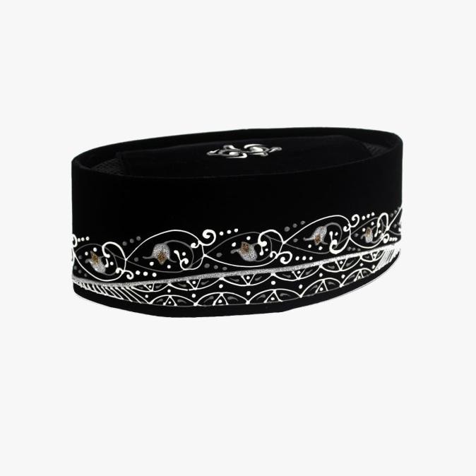 Terjangkau Peci Kopiah Hitam Lukis Motif Kembang Tulip Putih