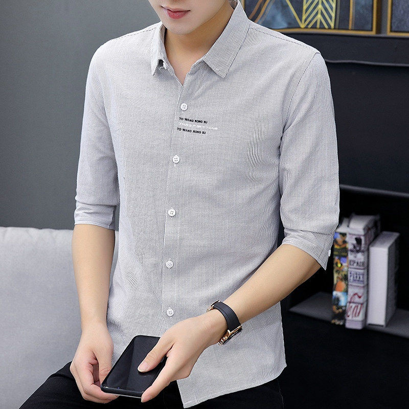 Kemeja Lengan Pendek untuk Pria, Kemeja Serbaguna Gaya Korea Trendi Lengan 3/4 Kasual Modis Baru unt