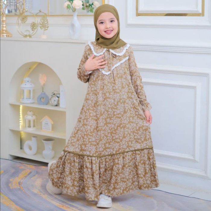 Terbaik Gamis Anak Set Jilbab , Pakaian Muslim Anak Perempuan,Kombinasi Renda Dada, Bahan Katun
