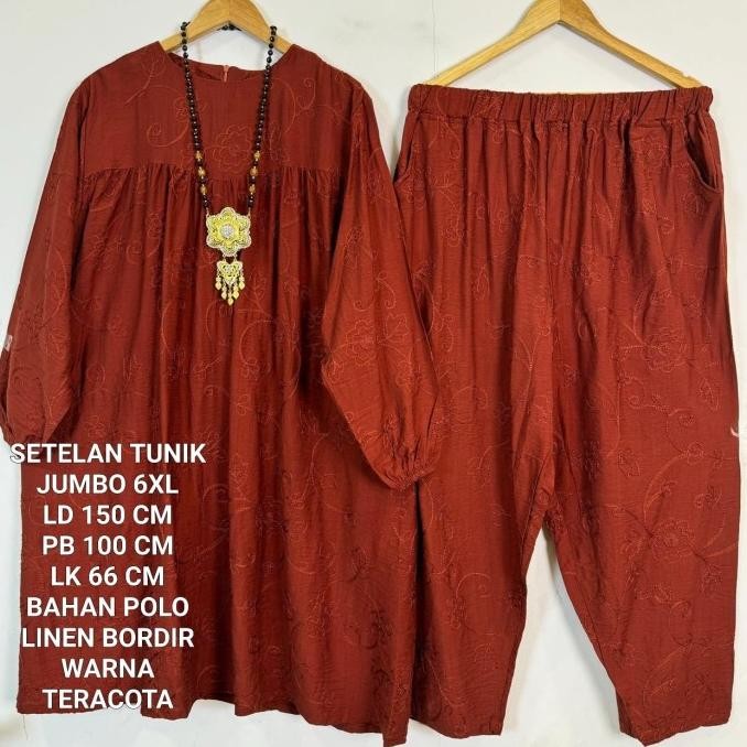 Setelan Tunik Jumbo Ld150 Cm Bahan Polo Linen bordi Terbaru Fit To 6XL