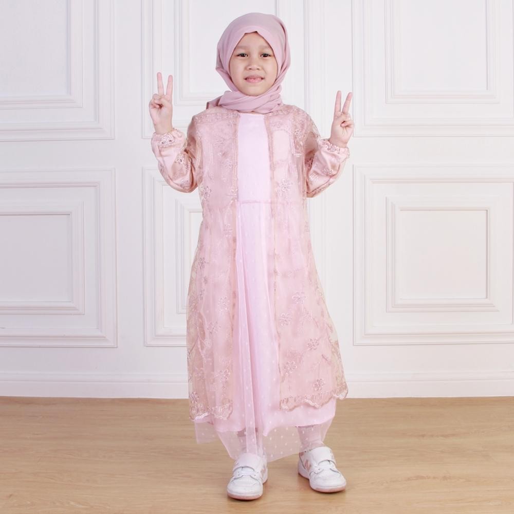 DISKON BESAR Dungdungkids Gamis Anak Jesica Shakila Mix Tile Dot Bordir Free Pashmina Tali 3 - 11 Ta