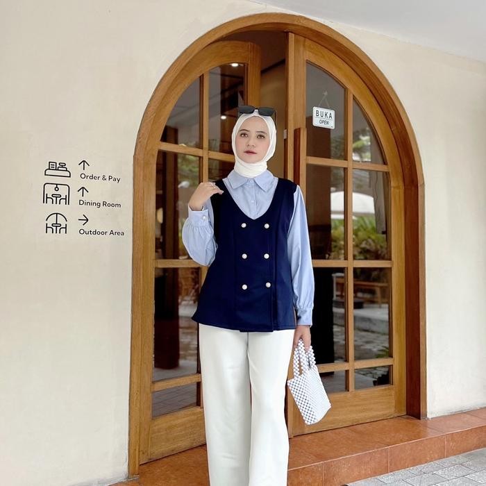 Kemeja Rompi Ishana Wanita Busui Muslim Kekinian Navy Cloth Katun Mewah Fashion Hijab Trend