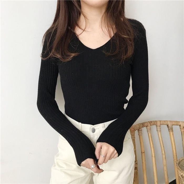 Baju Dengan Panjang V Neck Wanita / Baju Rajut Lengan