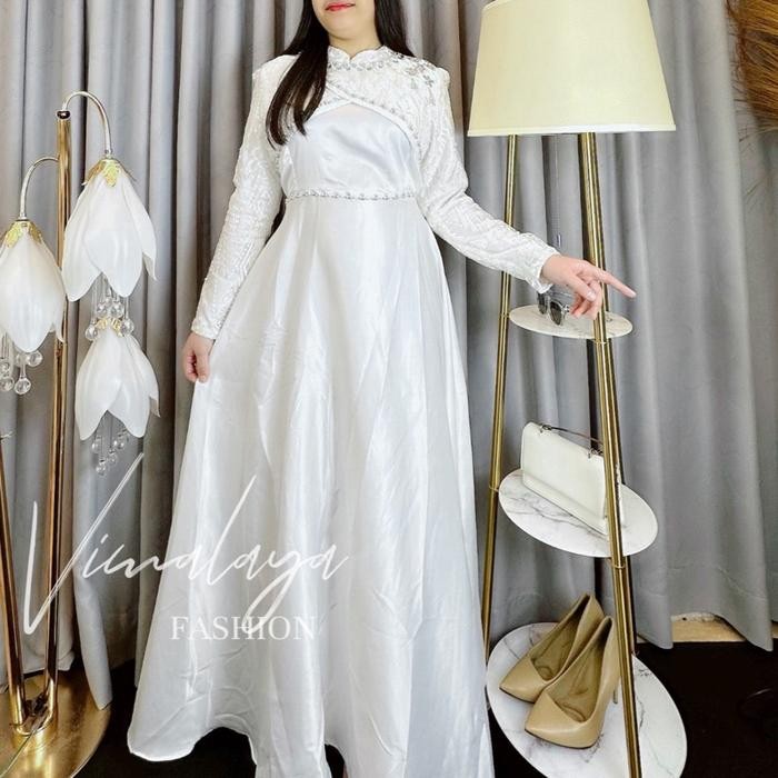 Gamis Putih Polos Satin Kombinasi Tile Bordir 76651 Baju Muslim Vima Lebaran