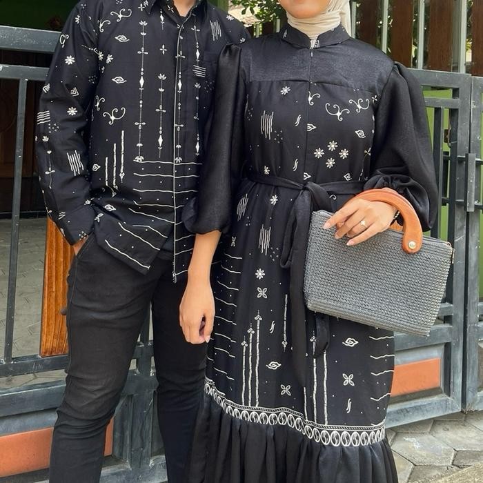 Shanum Hitam Gamis Couple Batik Kombinasi Polos Santorini Silk Premium Lebaran Kondangan Sarimbit