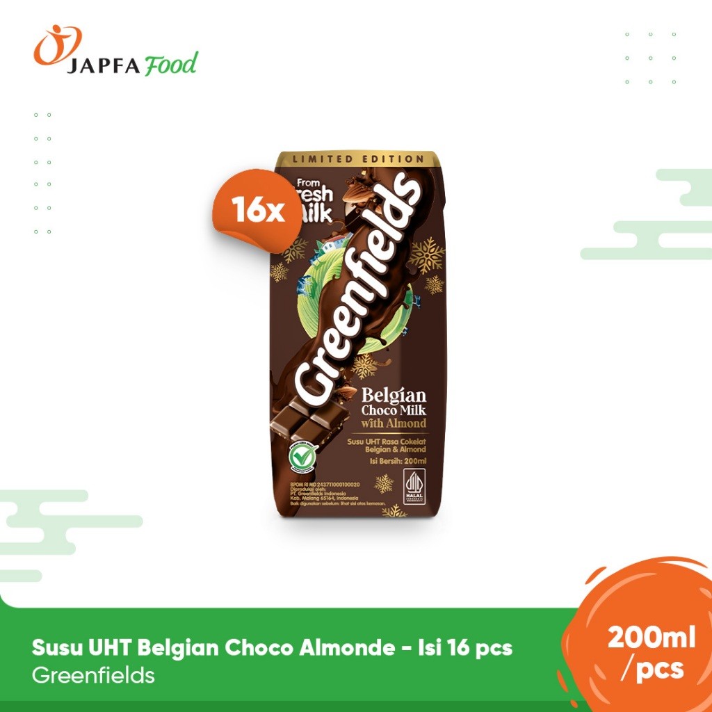 

Greenfields Susu UHT Belgian Choco Almond 200ml - Isi 16 pcs - 100% Fresh Milk dari Greenfields Farm