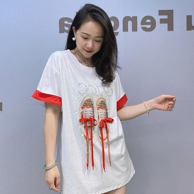 Kaos Premium Motif Sepatu Mute/Mutiara Timbul Baju Wanita Atasan pita oversize Terlaris