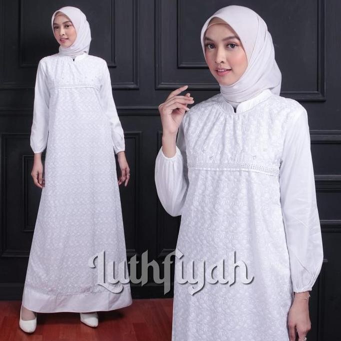 GAMIS KATUN LC / GAMIS KOMBINASI BERMOTIF DAN POLOS Katun Poliester Polos Bunga Putih Cantik Dalaman