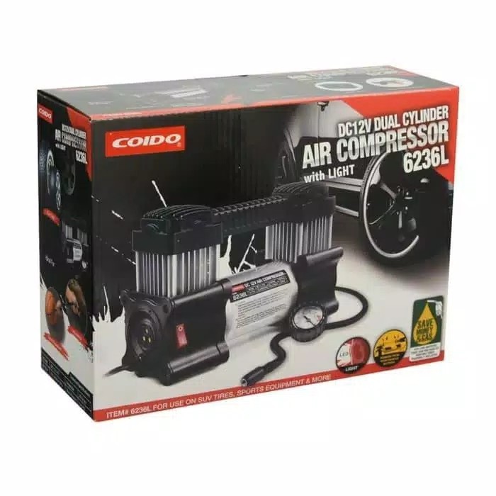 BISA TERMIN Coido Air Compressor Pompa Ban Mobil 2 Silinder Lampu LED+ Pump 6236L