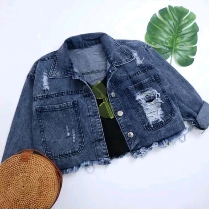 Jaket Jeans Crop Wanita Jaket Denim Krop Model Kancing Belakang Asli 100%