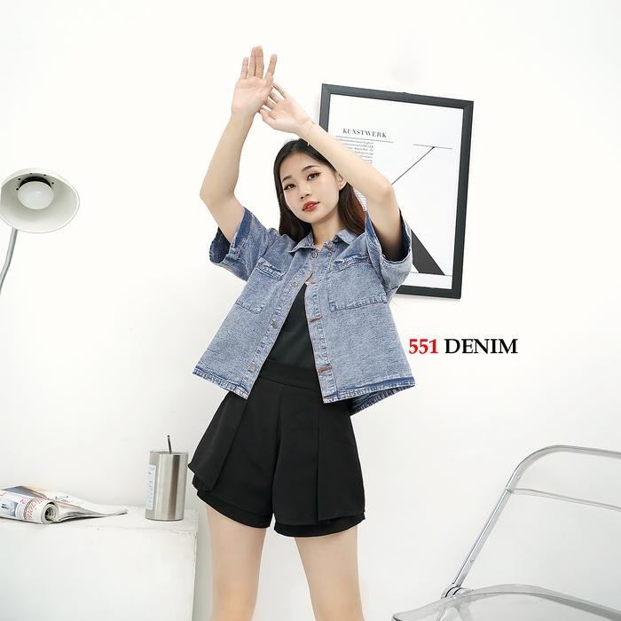 551 Kemeja Jeans Putih Wanita Lengan Pendek Atasan Shirt Denim Ld 110 Cm Jumbo Asli 100%