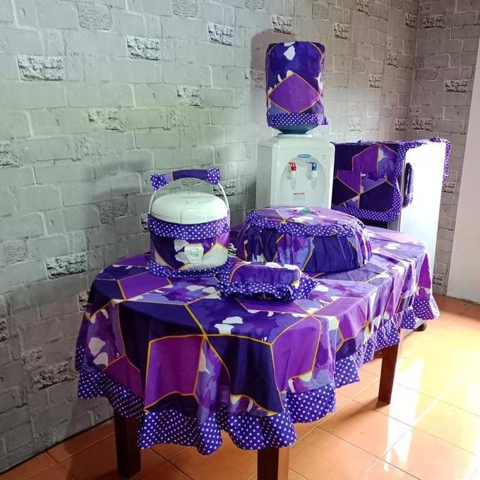 COD Paket Kitchen Set 8 Pcs Taplak Meja Makan Oval Sarung Cover Galon Kulkas Magicom Mejikom Tudung 