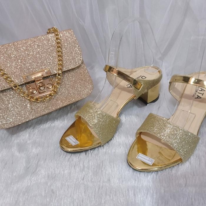 paket tas 2in1 sandal heels dan tas wanita gliter paket sandal kondangan Cewek