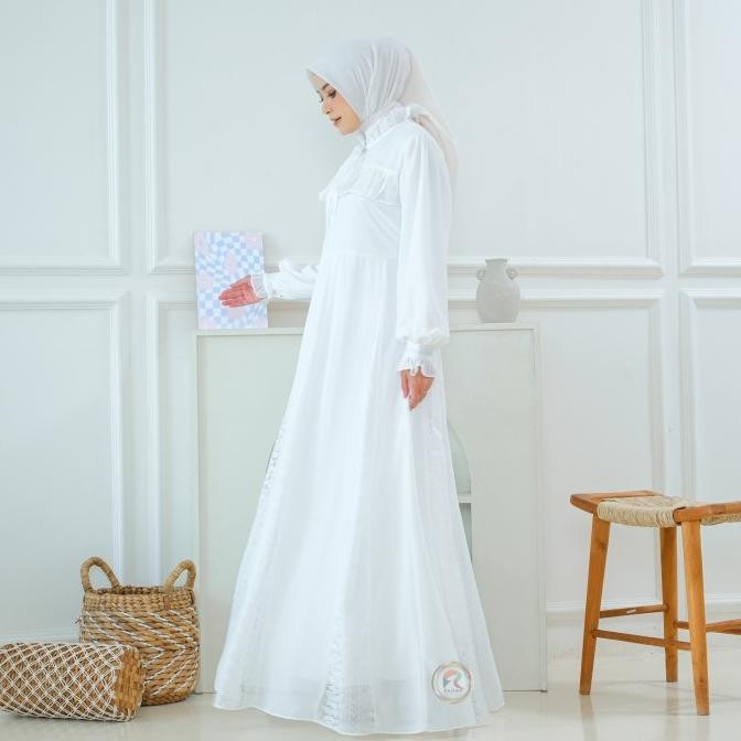 BEST SELLER RAISMA - ZUBAIDAHTK GAMIS PUTIH LEBARAN PREMIUM CERUTI MIX BROKAT