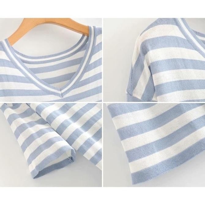 AB850508 Baju Atasan Wanita Kaos Garis Hitam Putih Blouse Korea Import Terlaris