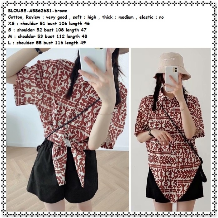 Ab862681 Kemeja Lengan Pendek Retro Blouse Ikat Wanita Korea Import