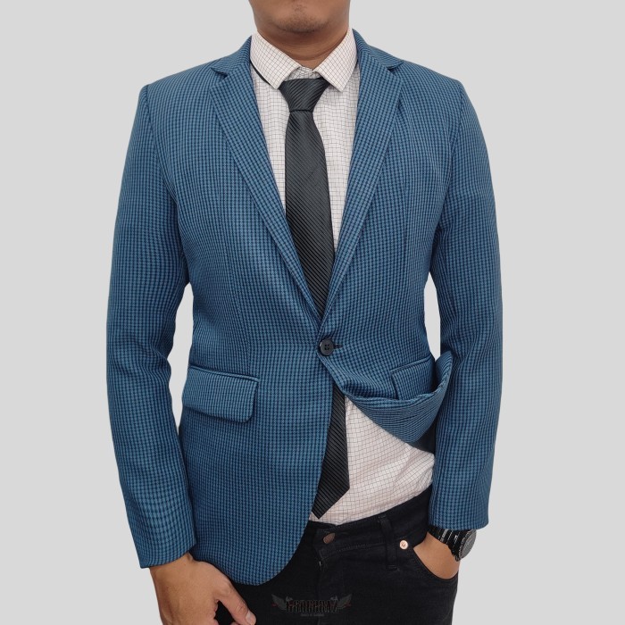 jas blazer pria keren slimfit biru navy kotak kotak casual formal