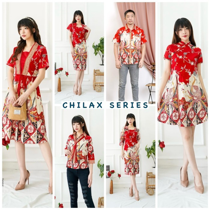 Set batik couple modern merah pria wanita / dress imlek natal pasangan