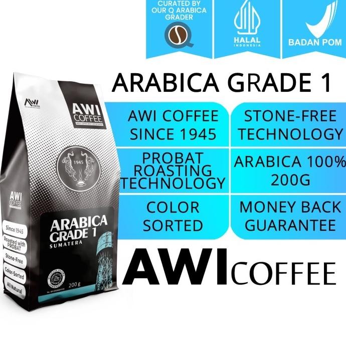

Awi Coffee Sumatera Arabica Grade 1 Blend For Cafe 200gr Biji/Bubuk