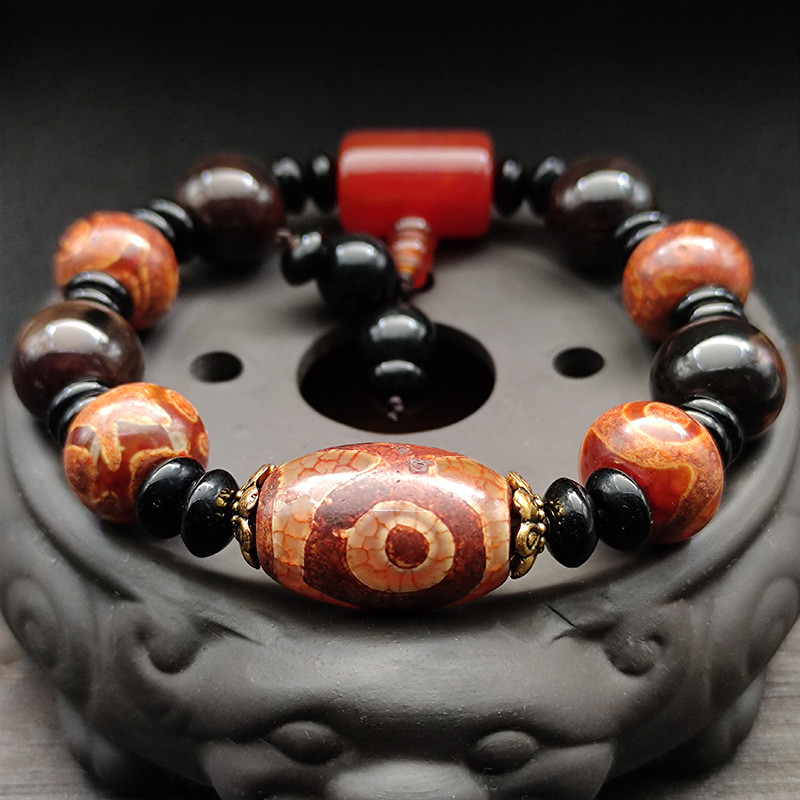 Ethnic Style Retro Single Circle Tibetan Buddhist Bead Bracelet Tibetan Agate Three-Eyed Old Dzi Bea