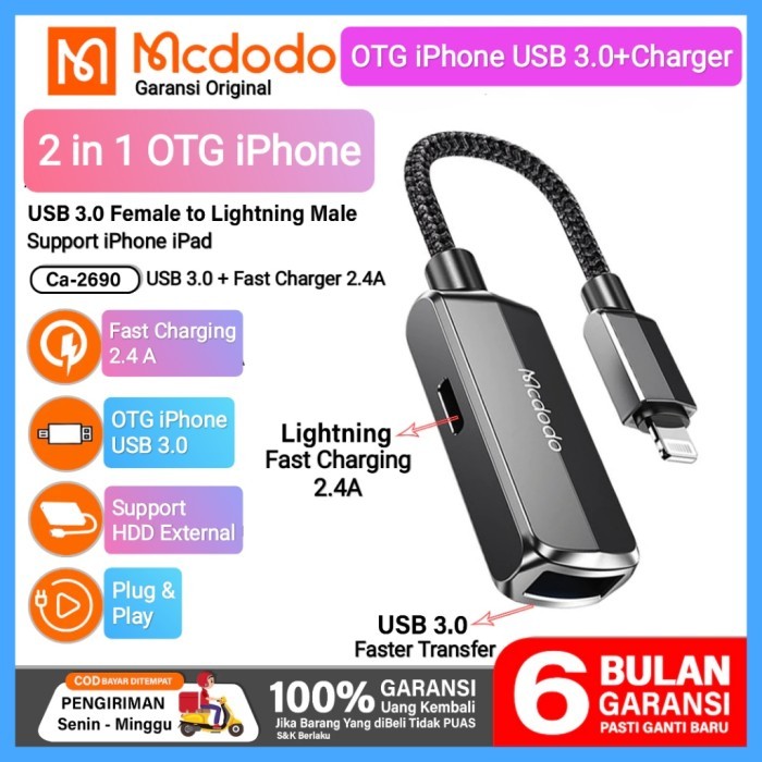 Mcdodo OTG Lighting iPhone ke USB 3.0 + Charger Flashdisk hardisk 2TB