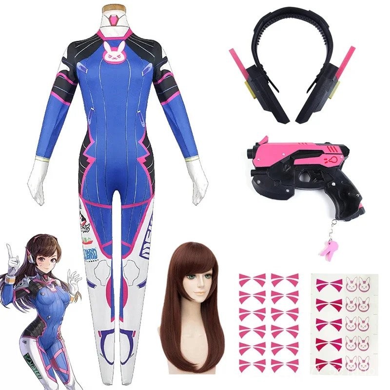Game Overwatch Dva Cosplay Costumes Tights Jumpsuit Wig Headphone Gun Cosplay Props Tattoo Stickers 