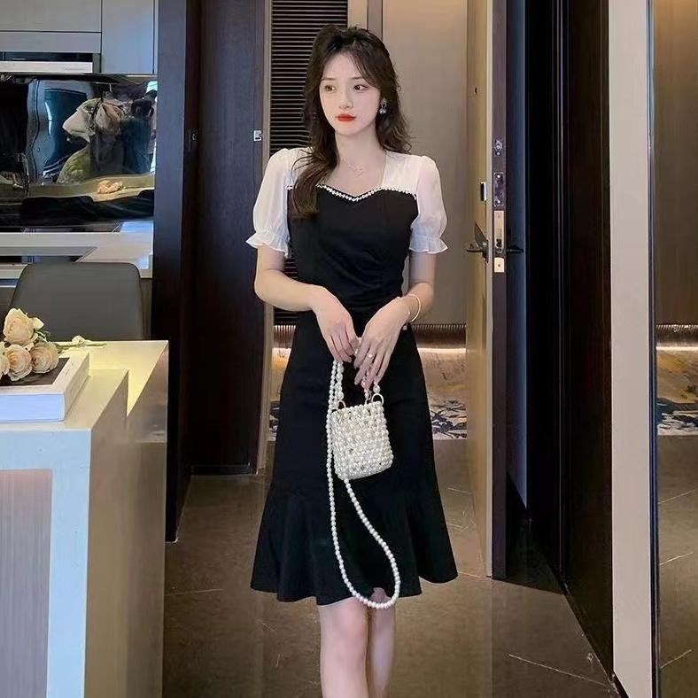 Gaun Hitam Kain Perca Sifon Korea Baru/Dress Hitam Korea/Dress Korea