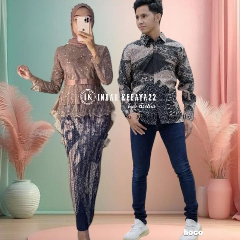 Setelan Couple Kebaya Pita Brokat Tile Pasangan Kemeja Batik Pria Dewasa Katun Baju Dress Kondangan 