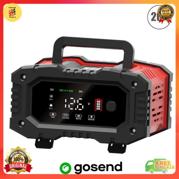 FOXSUR Set Charger Baterai Aki Mobil Motor Portable 20A 300 W 12/24V