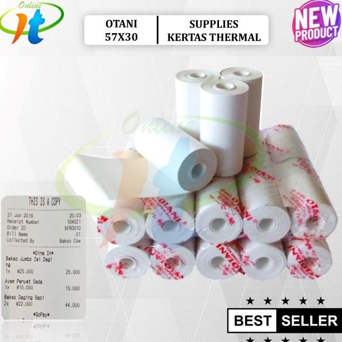 

PAKET 1 DOZ - KERTAS THERMAL OTANI 58 x 30 MM WARNA BIRU/HITAM