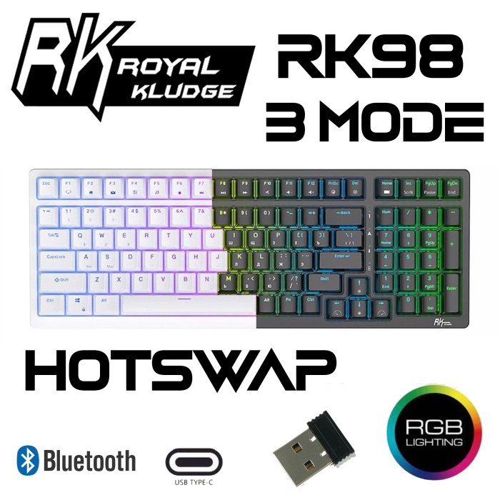 TERBARU - ROYAL KLUDGE RK98 RGB MECHANICAL KEYBOARD 3 MODE WIRELESS HOTSWAP