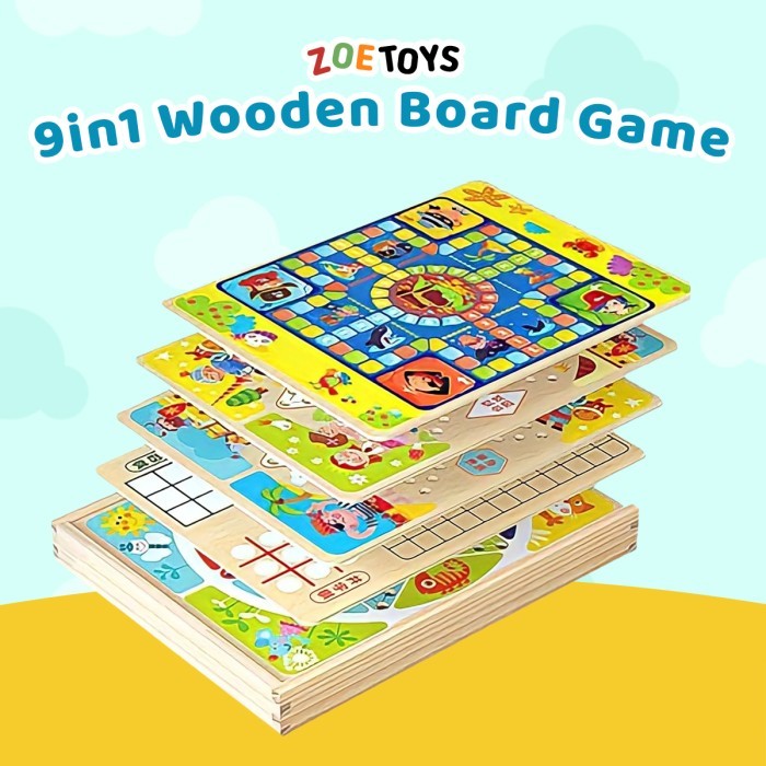 ZOETOYS 9IN1 WOODEN BOARD GAME PERMAINAN PAPAN LUDO ULAR TANGGA KODE 1162