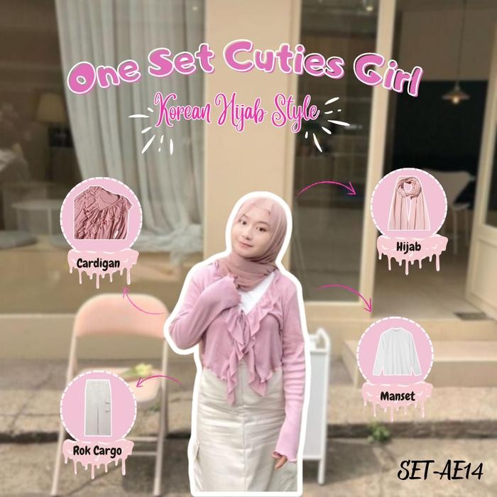 4 In 1 One Set Hijab Korean Style Wanita Terbaru Outfit Pantai Outfit Santai Cardigan Rok Cargo -
