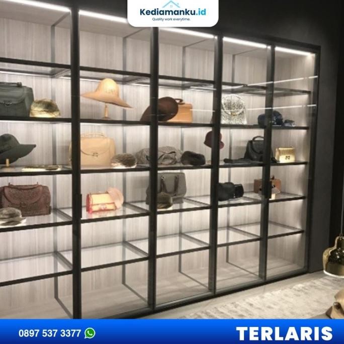 CO Lemari Tas Mewah Rak - Etalase Aluminium Lampu Led Geser Mewah Kaca