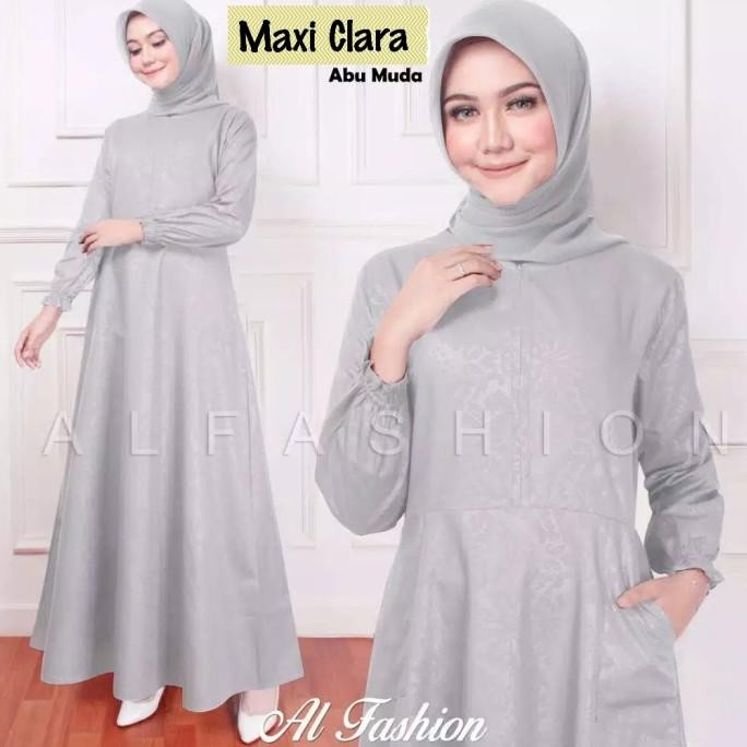 Big Sale Clara- Gamis Baju Dress Polos Emboss Busui Jumbo Xl Warna Abu Abu Muda Stok Terbatas