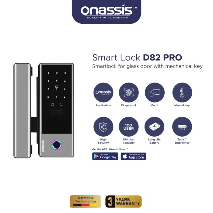 Onassis D82 Pro Smart Lock For Glass Door With Key