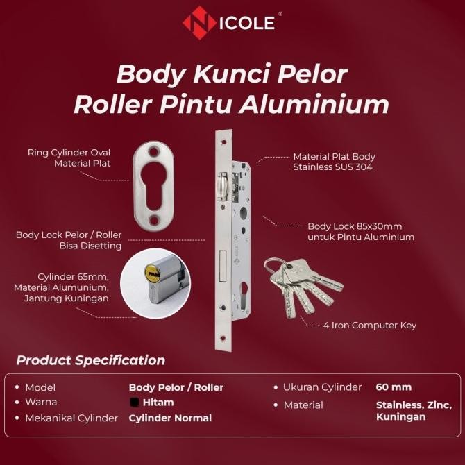 Produk Baru Nicole Kunci Pelor Pintu Aluminium Body Pelor Pintu Aluminium Body Roller Pintu Almunium