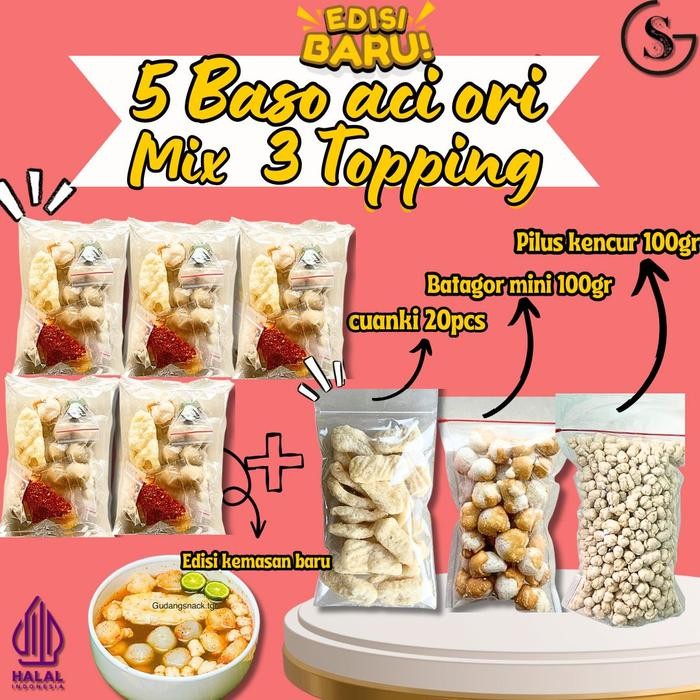 

TERLENGKAP PAKET BUNDLING 5 BASO ACI ORI MIX 3 TOPPING BASO ACI Food instan hott Kaldu Pedas