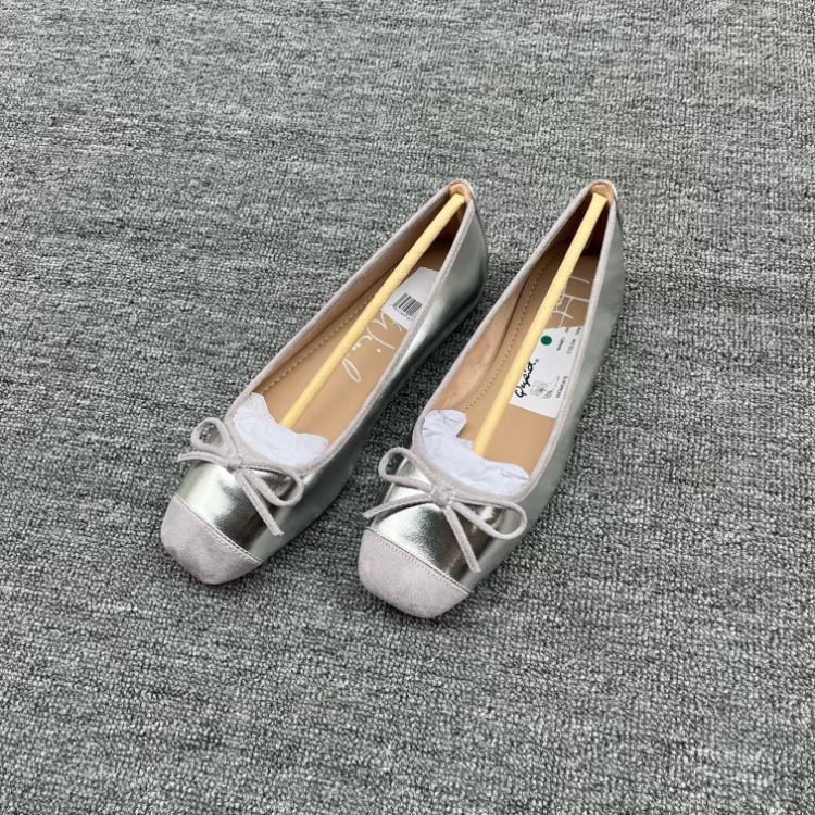 Chanel Style Bowknot Ballet Silver Flat Shoes for Women New Slip-On Granny Shoes
