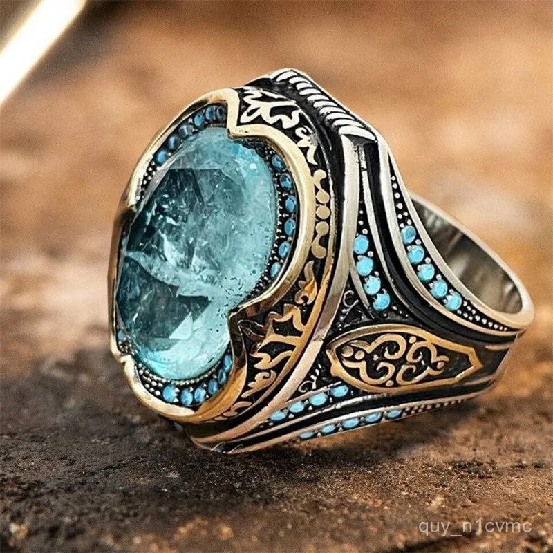 Cincin Batu Zircon Biru Turki Vintage Pria Buatan Tangan Warna Perak Kuno Cincin Paern Trendy Perhia