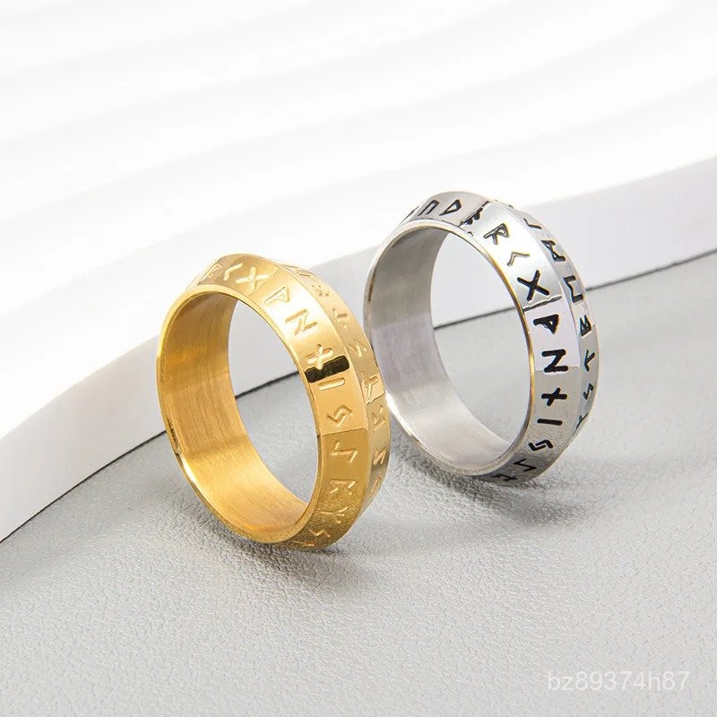 Cincin Rune Futhark Viking Norse untuk Pria Warna Perak Stainless Steel Amulet Vegvisir Perhiasan Is