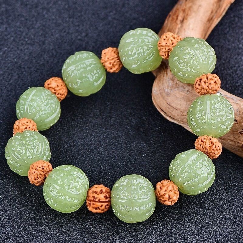Gelang Jade Hetian Wenwan Walnut Unisex Ukiran Halus Gelang Jade Walnut