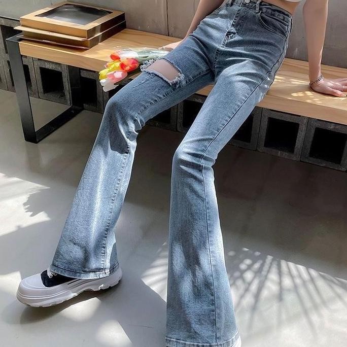 DISKON CP7 celana panjang cutbray jeans model sobek pinggang tinggi / long pants denim high Polos Sl